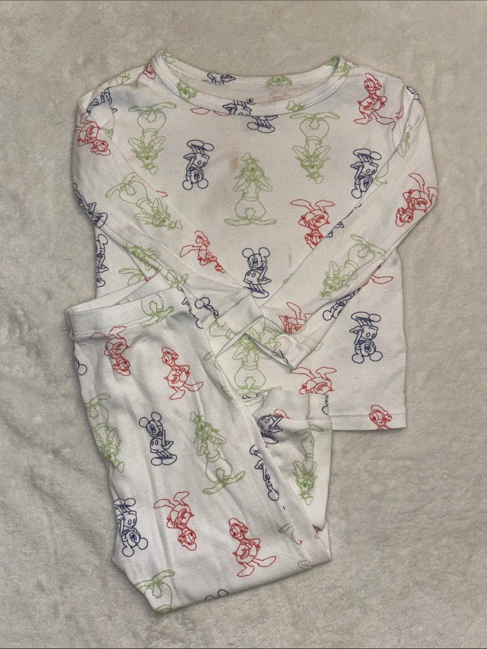 Disney White Pajama Set with Red, Blue & Green Character Prints goofy Mickey